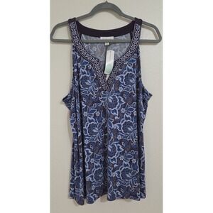 Magnolia‎ Grace Women's XXL Blue Floral Embroidered Tank Tunic Blouse V-neck NWT